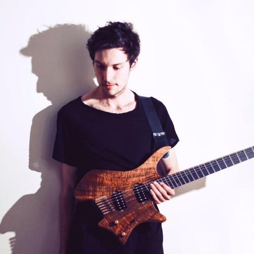 Plini holding his wooden guitar in a black shirt against a white background with a heavy shadow.