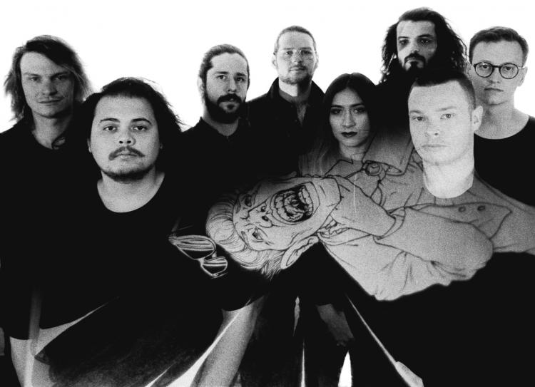 Boss Moxi in a black and white style photo with a cartoon image of a man choking in the middle of the image.