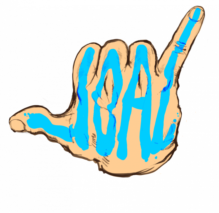 The Jam of a Lifetime logo. Hand doing the shaka sign with the letters 'JOAL' written in the fingers.