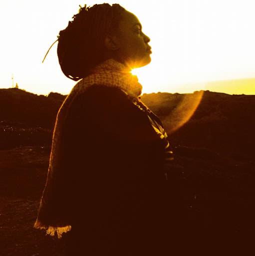 Performer Spellfish in a field with the sun setting behind her silhouette