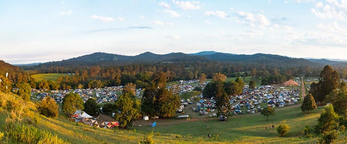 A landscape daytime photo of the Jungle Love Festival site