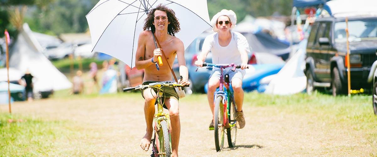 Jungle Love Festival Patrons riding Rainbow bikes